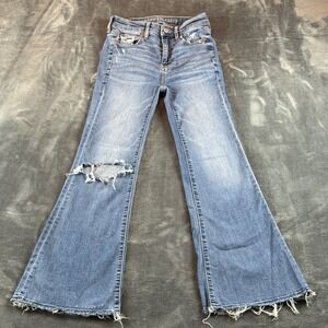 American Eagle Super Hi-Rise Flare Jeans Distressed Raw Hem 000 Short Blue Denim